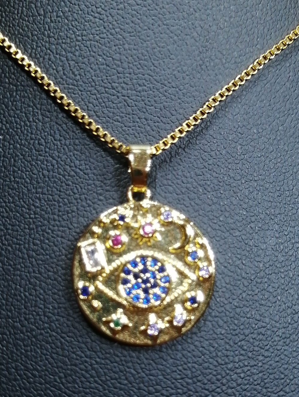 Gorgeous Multicolor Crystals Evil Eye Protection Pendant On Box Chain Necklace